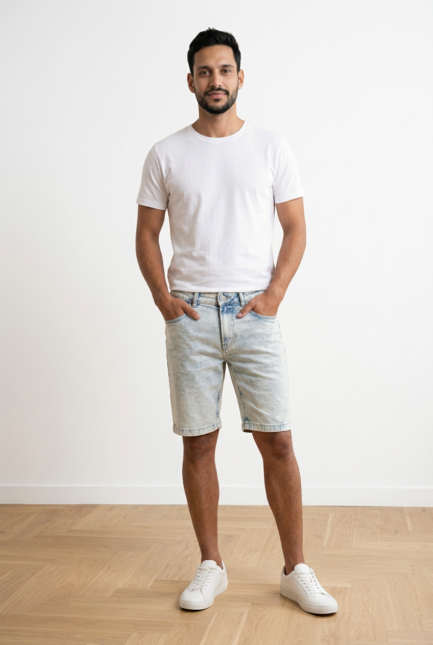 Bermuda denim uomo in cotone con vestibilità slim e lunghezza al ginocchio.