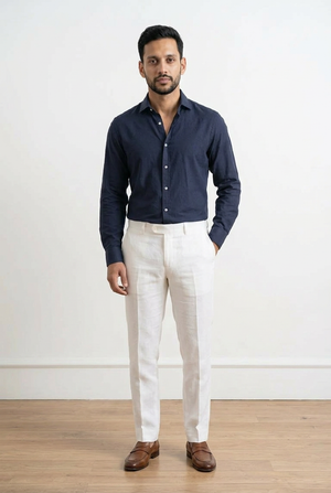 Camicia uomo in misto lino blu, maniche lunghe e classico colletto