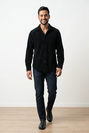 Camicia overshirt nera in tessuto scamosciato, con chiusura frontale con 6 bottoni, colletto classico e maniche lunghe con polsini rifiniti.