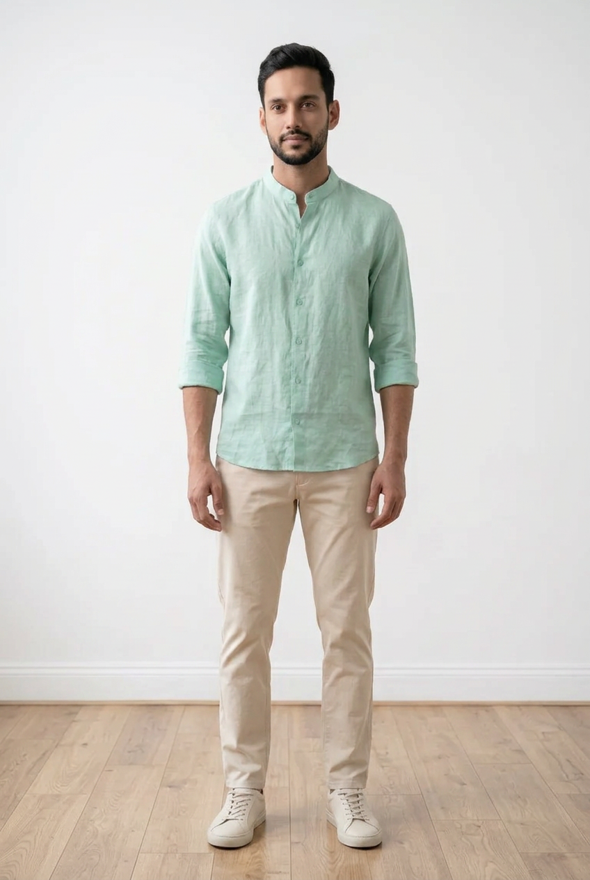 Camicia 100% lino, verde, chiusura 7 bottoni e bottone per arrotolare le maniche