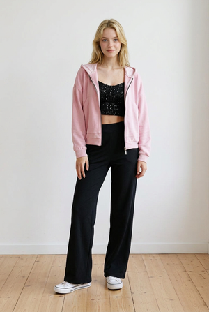 Felpa da donna rosa con chiusura frontale con zip e cappuccio interno in fantasia scozzese
