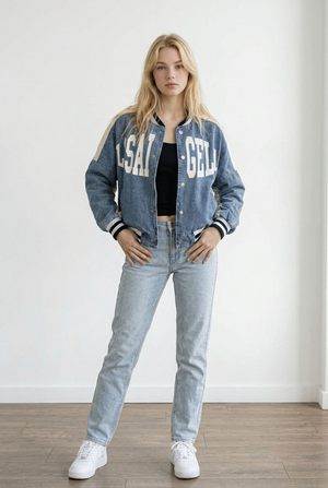 Giubbino da donna stile college, realizzato in denim leggero. Il modello presenta chiusura frontale con bottoni a pressione e scritta sul davanti; le maniche sono a contrasto, i polsini, il colletto e i bordi, elasticizzati a righe, richiamano il classico stile sportivo americano.