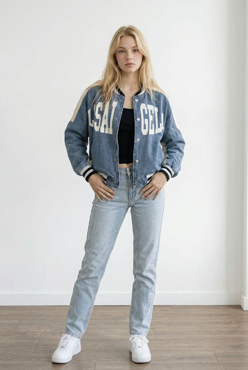 Giubbino da donna stile college, realizzato in denim leggero. Il modello presenta chiusura frontale con bottoni a pressione e scritta sul davanti; le maniche sono a contrasto, i polsini, il colletto e i bordi, elasticizzati a righe, richiamano il classico stile sportivo americano.