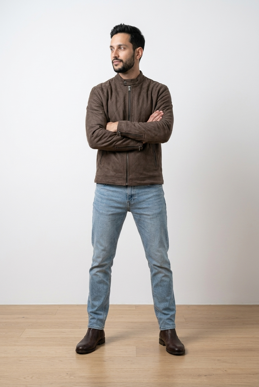Giubbino uomo scamosciato stile casual contemporaneo. Realizzato in morbido suede, chiusura frontale con zip centrale, colletto corto con bottone a pressione