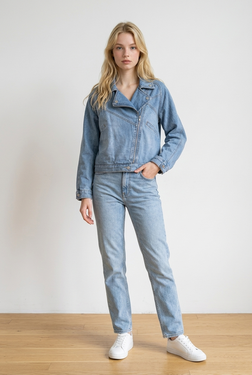 Giubbino donna in denim chiaro dal design moderno, caratterizzato da colletto ampio con revers stile biker, chiusura con zip asimmetrica, tasche decorative laterali e bottoni metallici sul colletto