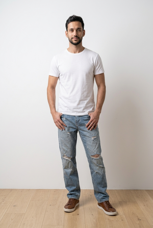 Jeans uomo con vestibilità baggy e stile streetwear contemporaneo. Realizzato in denim effetto slavato per un look moderno e casual; presenta strappi frontali