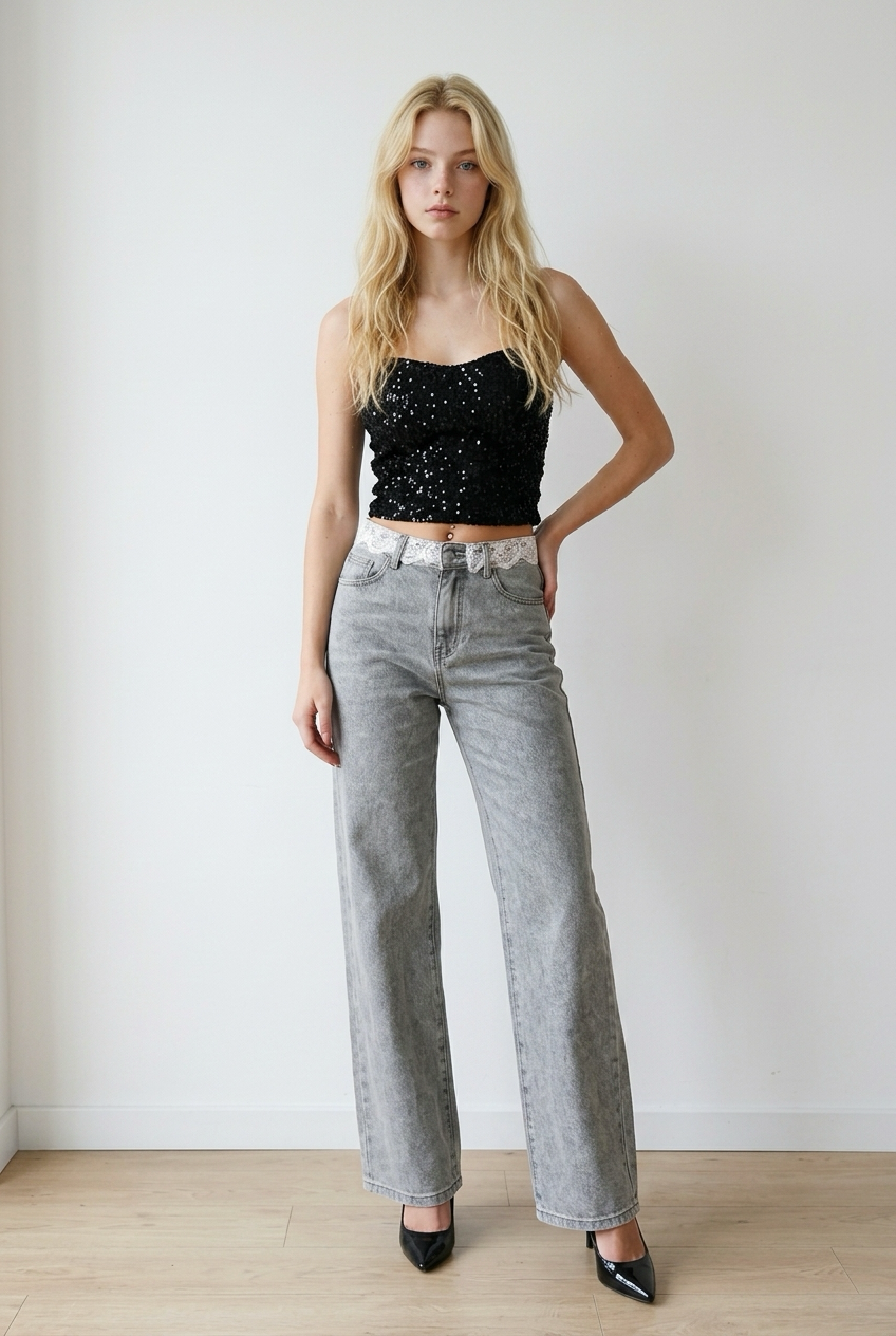 Jeans donna palazzo in denim grigio effetto slavato. La vita alta valorizza la silhouette, mentre la gamba ampia e dritta slancia la figura. Il pizzo lungo il punto vita, aggiunge un elemento femminile e ricercato.