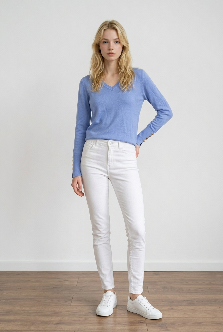 Maglioncino da donna con presenza di uno scollo a V. Le maniche lunghe sono rifinite con polsini a costine impreziositi da bottoncini decorativi e un delicato spacco laterale.