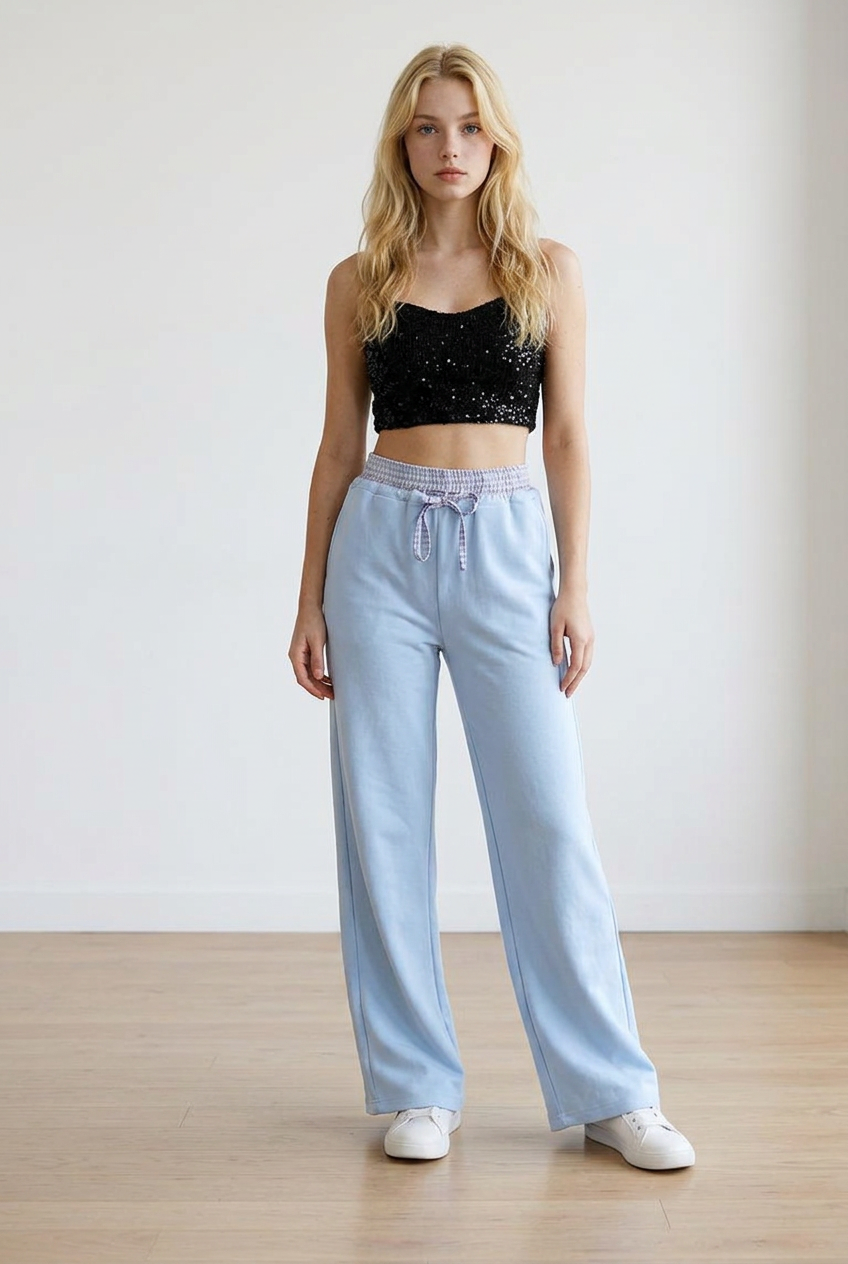 Pantalone palazzo, celeste, con vita elasticizzata in fantasia scozzese. Il cordino regolabile richiama il motivo della cintura elasticizzata. La gamba ampia slancia la figura.