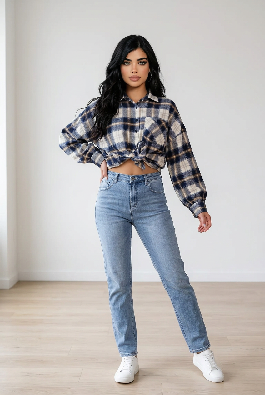 Camicia donna oversize stile boscaiolo, in cotone, a quadri neutri con chiusura frontale a bottoni e tasche sul petto