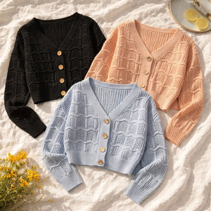 Cardigan crop in maglia lavorata con motivo traforato a onde, scollo a V e chiusura frontale con 5 bottoni, vista frontale