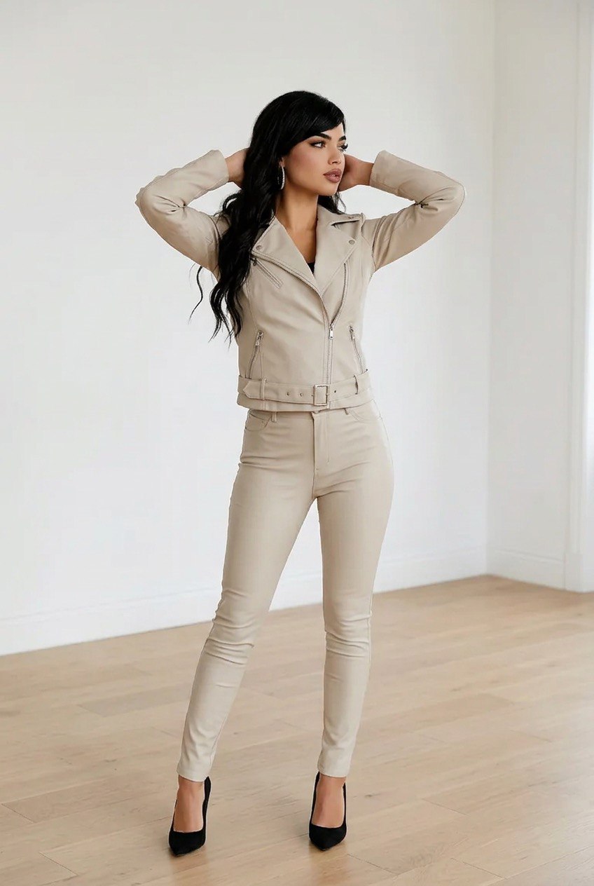 Chiodo donna in ecopelle con colletto ampio, zip asimmetrica, tasche frontali e cintura regolabile in vita