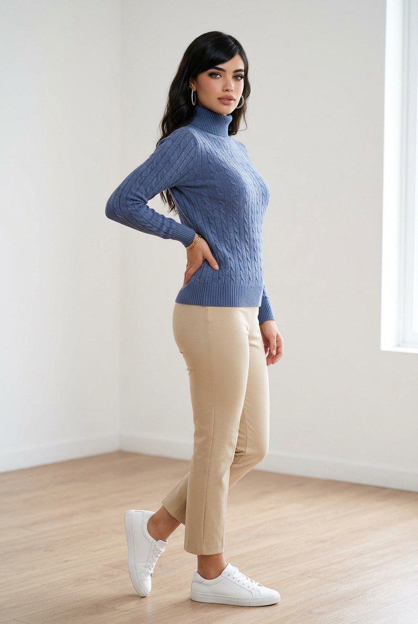 Dolcevita donna a manica lunga in maglia con motivo a trecce sul davanti e collo alto a coste