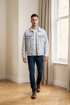 Giubbino denim uomo oversize indossato con spalle leggermente scese, chiusura con bottoni frontali e tasche sul petto e laterali, vista frontale