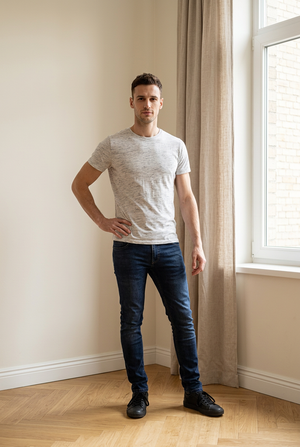 Jeans slim in denim blu con vita regolare, chiusura a bottone e zip e design a 5 tasche
