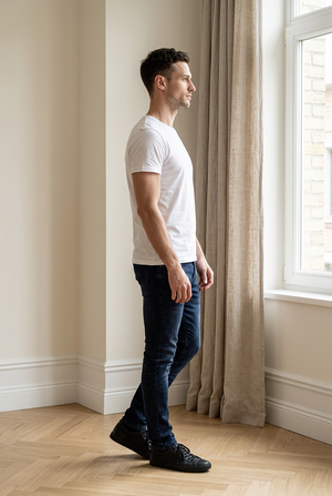 Jeans slim uomo in denim blu con vita regolare, passanti per cintura, chiusura a bottone e zip e design a 5 tasche