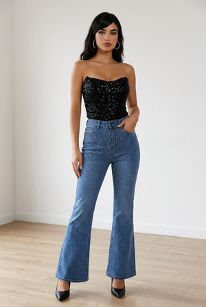 Jeans flare in denim chiaro high-waist con gamba a zampa e micro applicazioni brillanti