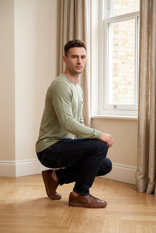 Maglia girocollo indossata con taschino sul petto in cotone slub