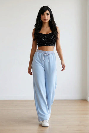 Pantalone palazzo azzurri con vita elasticizzata scozzese, cordino regolabile e tasche laterali