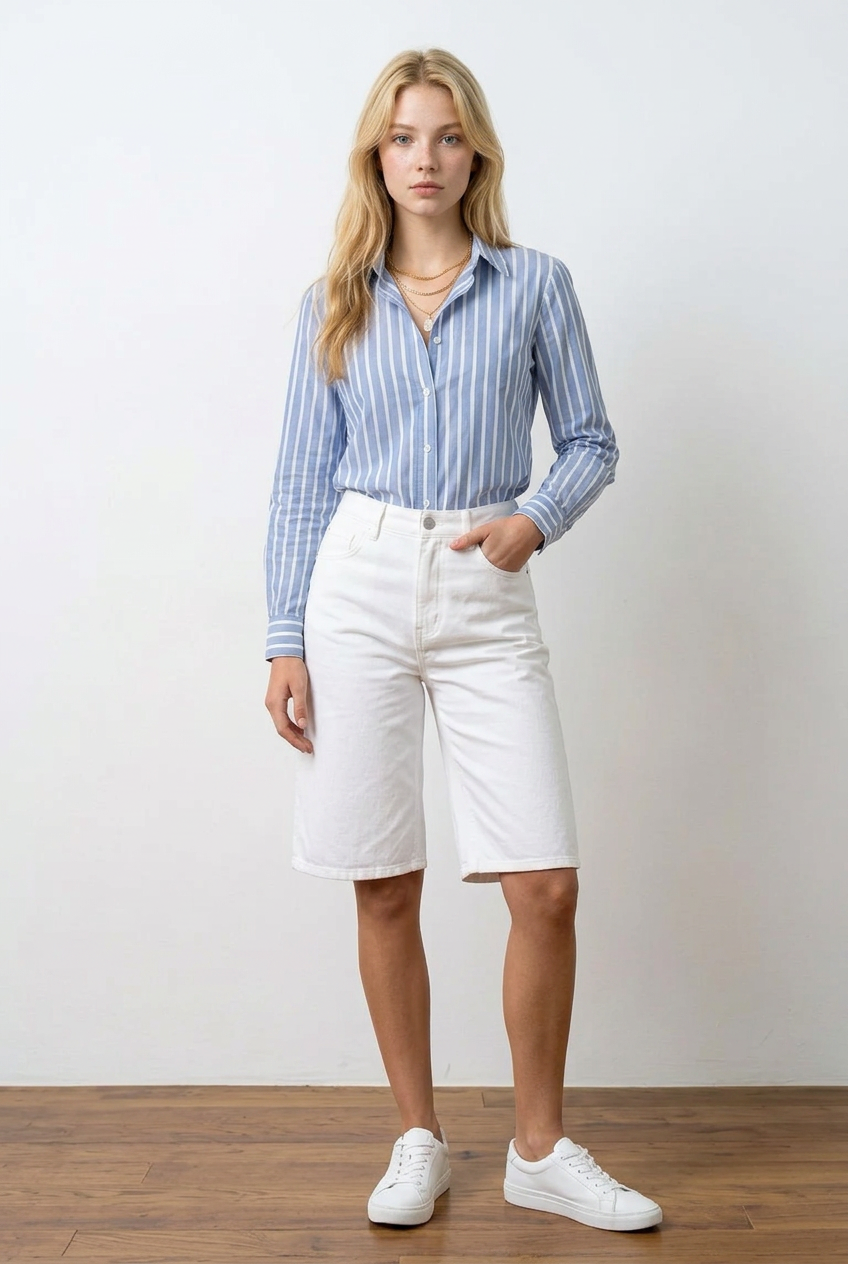 Bermuda donna in denim tinta unita con vita alta e lunghezza al ginocchio