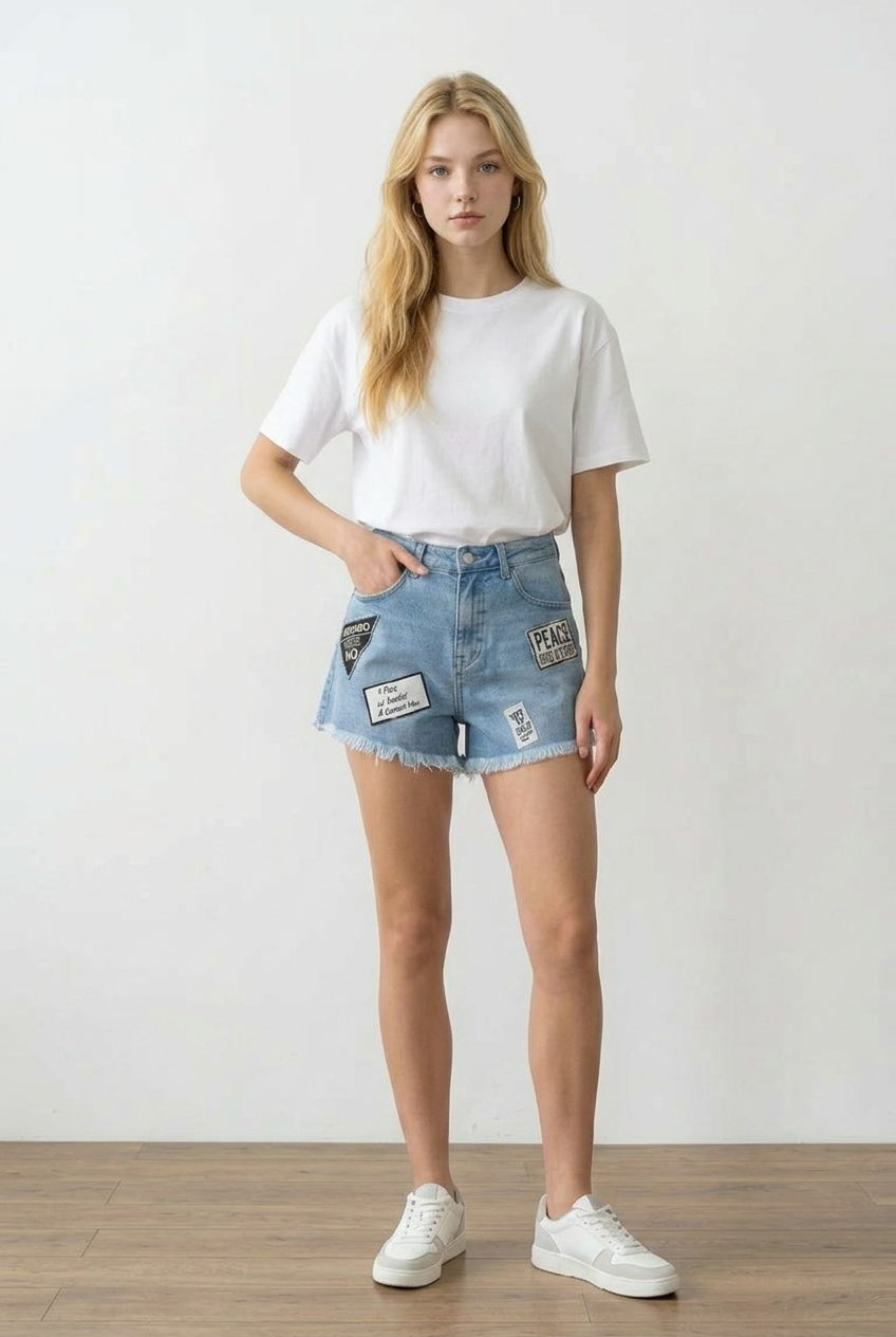 Shorts donna in denim elasticizzato con vita alta . Lavaggio azzurro chiaro con patch stampate a contrasto disposte sulla parte frontale.