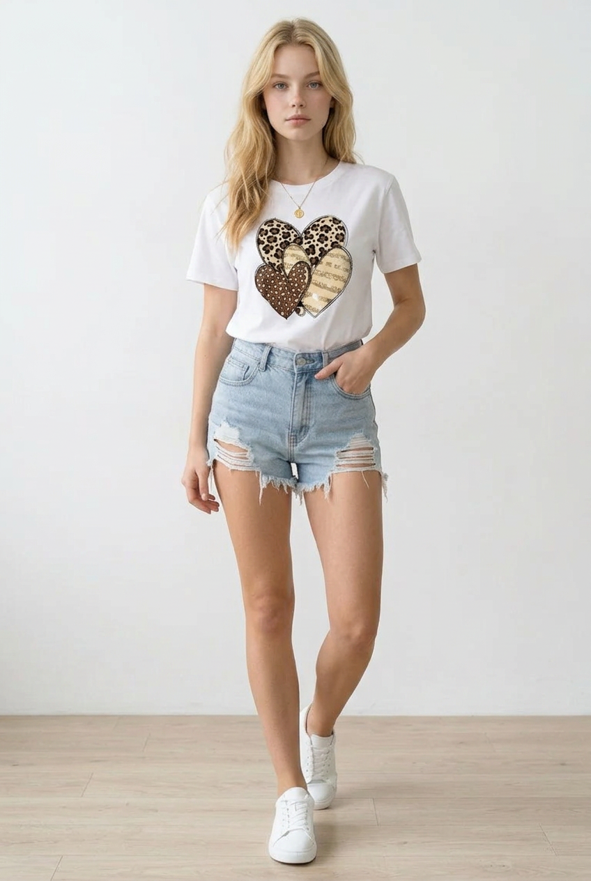 T-shirt 100% cotone, donna,bianca con stampa frontale, 3 cuori con 3 stampe diverse animalier