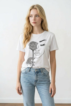 T-shirt 100% cotone, bianca con stampa frontale, profilo faccia e rosa con glitter applicati, primo piano