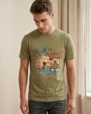 t-shirt uomo in cotone con stampa color cachi fronte