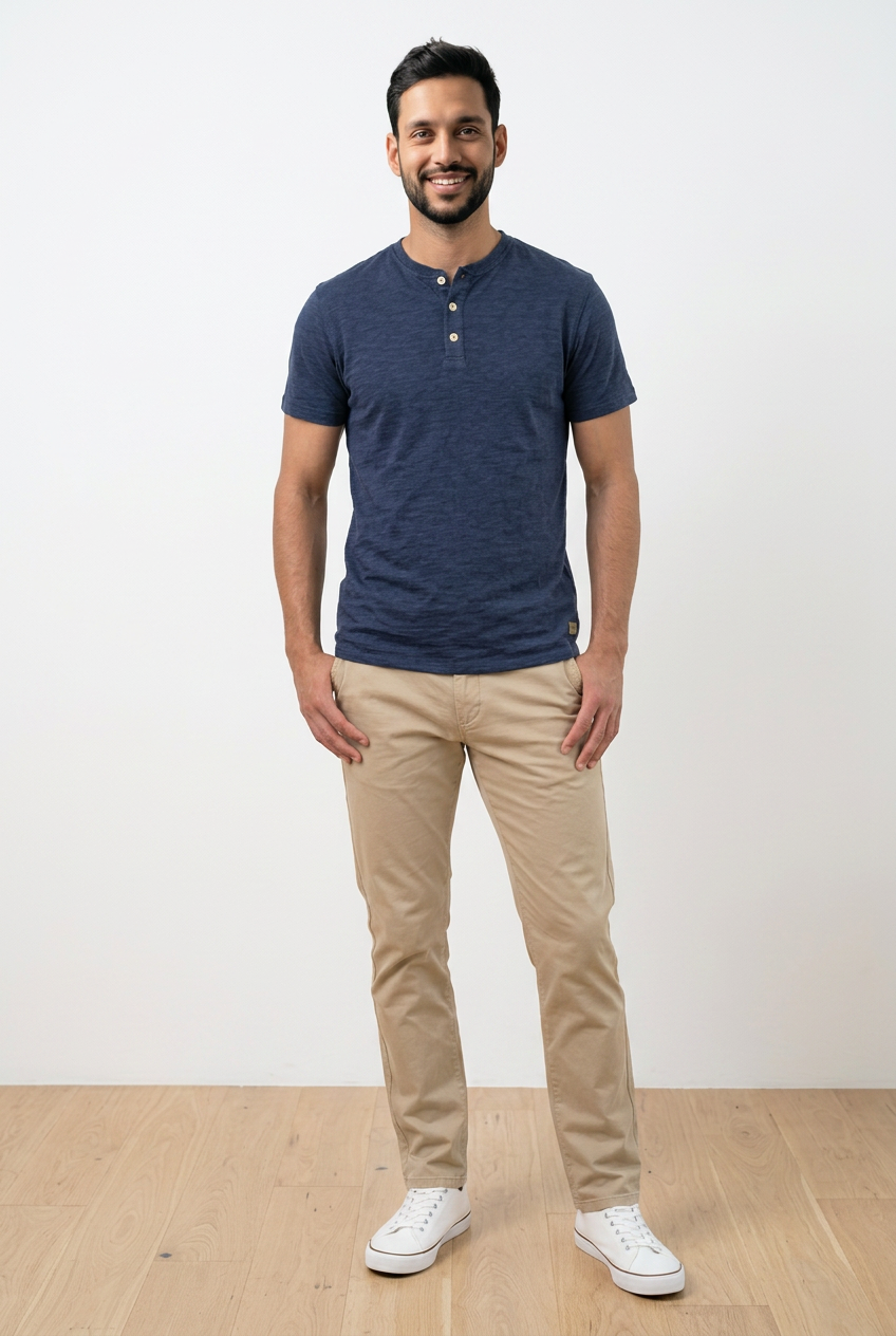 T-shirt blu uomo, con chiusura frontale con 3 bottoni a contrasto e girocollo con apertura. Sul fondo, a sinistra, una piccola targhetta decorativa in legno.