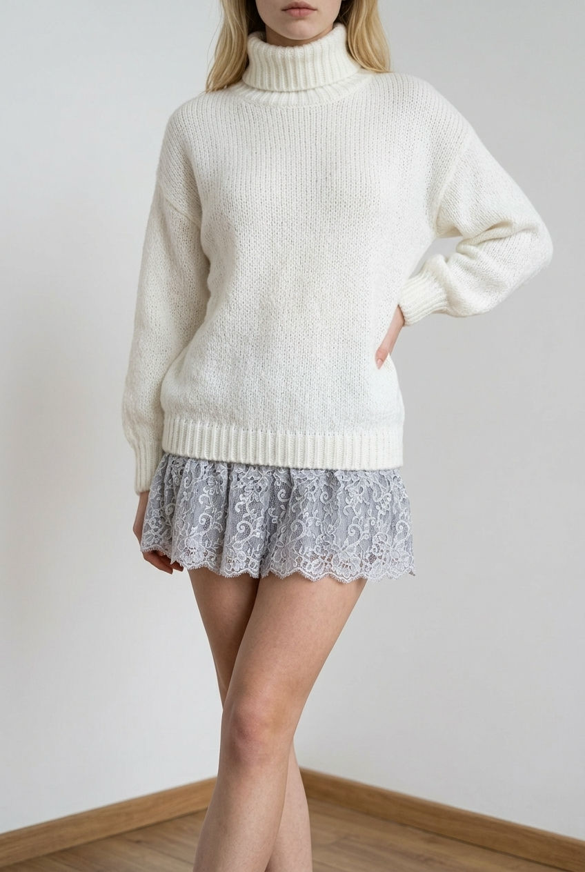 Vestito realizzato in morbida maglia calda, con maniche lunghe e ampio collo avvolgente con lavorazione a costine, coordinato al fondo a costine. Dettaglio la balza inferiore in pizzo.