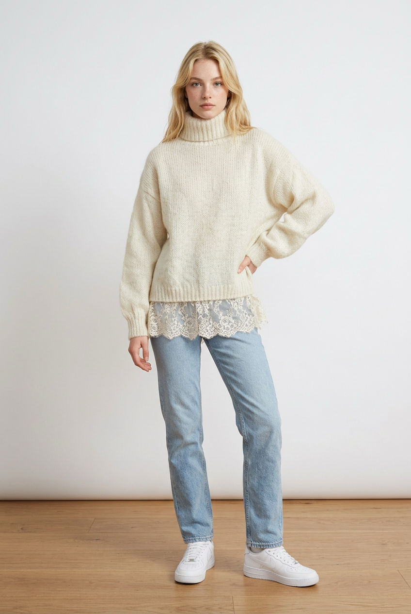 Vestito crema realizzato in morbida maglia calda, con maniche lunghe e ampio collo avvolgente con lavorazione a costine, coordinato al fondo a costine. Dettaglio la balza inferiore in pizzo.