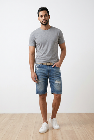 Bermuda denim in cotone con vestibilità slim comfort e lunghezza al ginocchio. Lavaggio stone wash medio con effetto used, rotture e abrasioni frontali