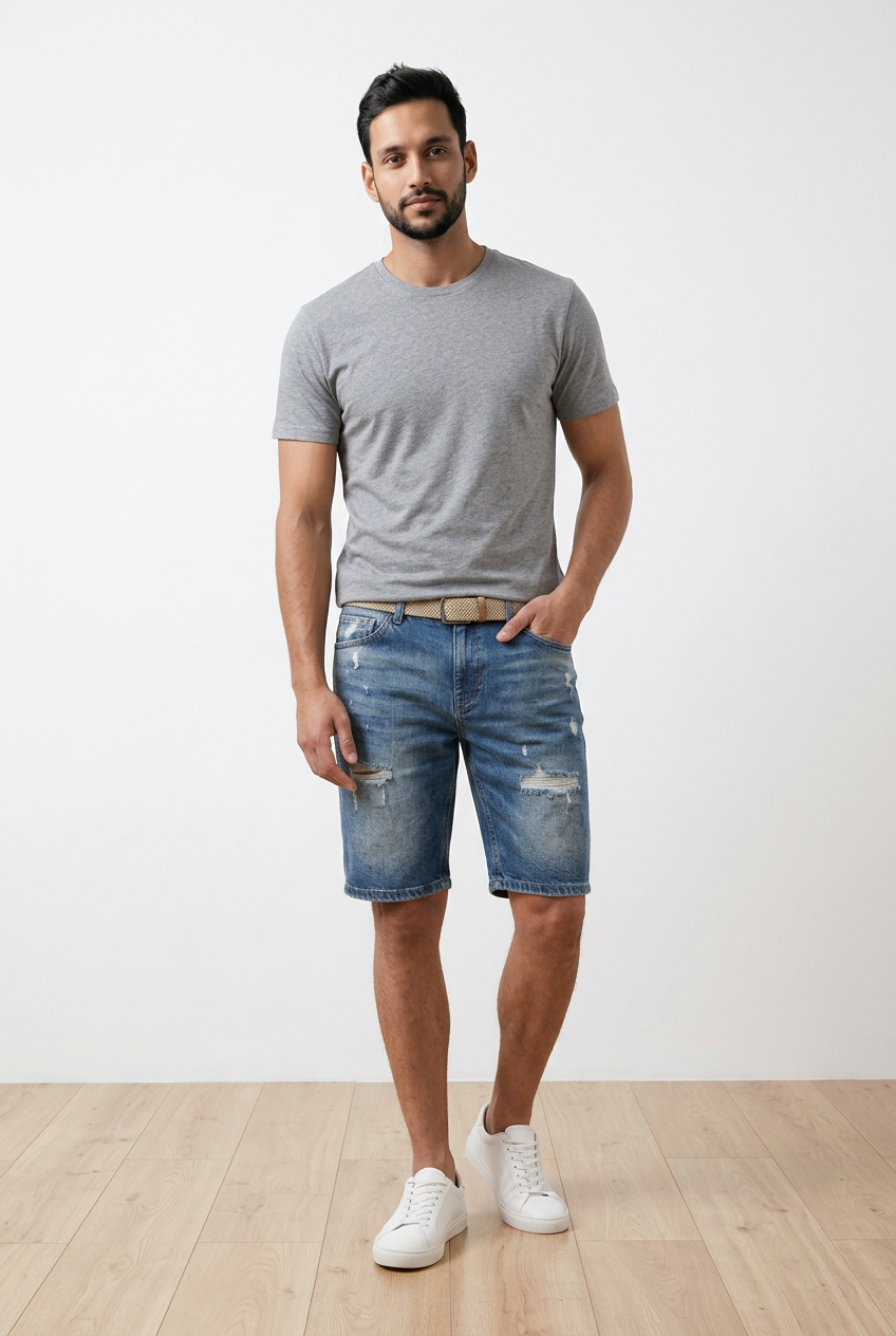 Bermuda denim in cotone con vestibilità slim comfort e lunghezza al ginocchio. Lavaggio stone wash medio con effetto used, rotture e abrasioni frontali