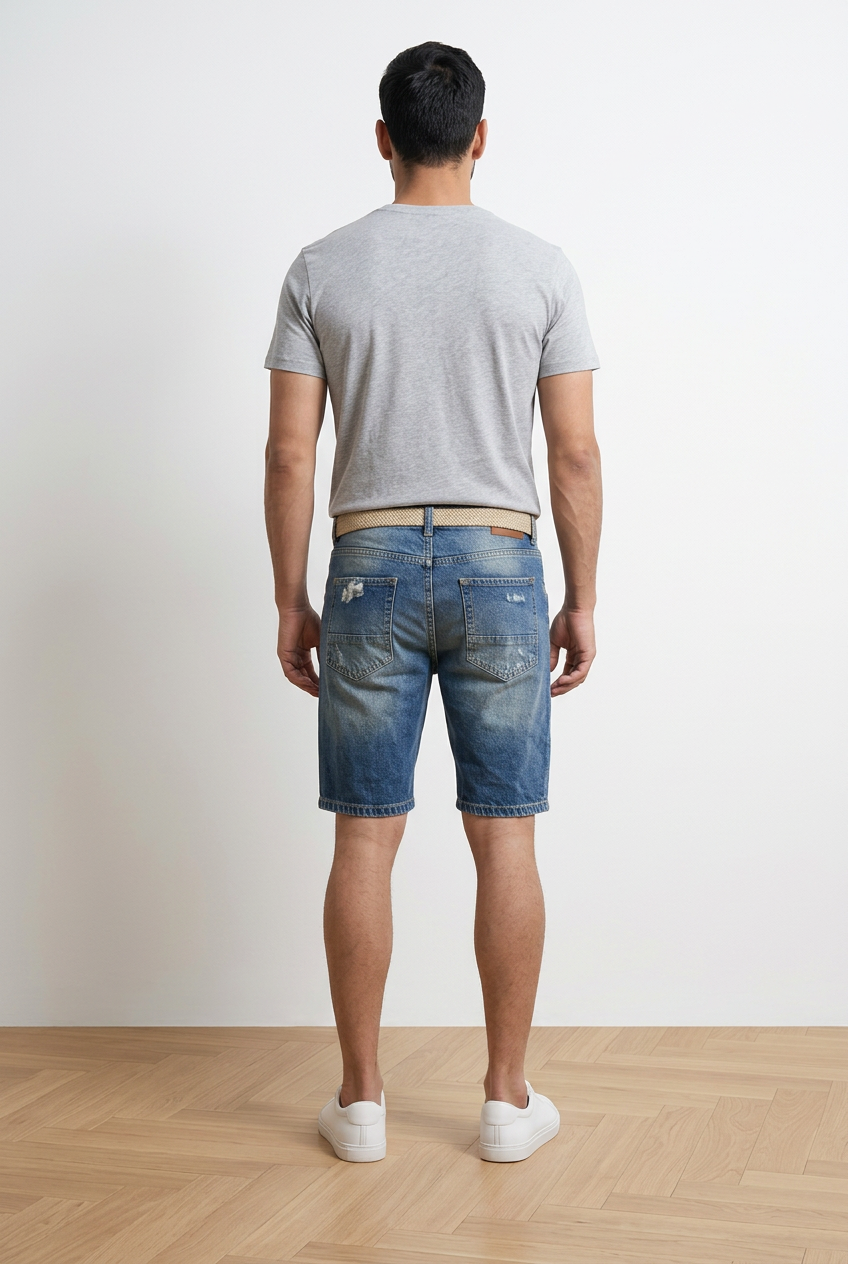 Bermuda denim uomo in cotone con vestibilità slim comfort e lunghezza al ginocchio. Lavaggio stone wash medio con effetto used, rotture e abrasioni frontali