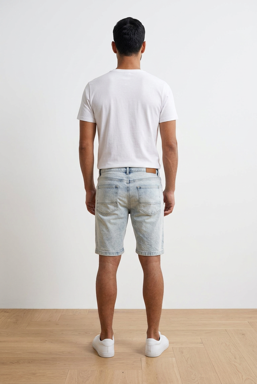 Bermuda denim azzurri in cotone con vestibilità slim e lunghezza al ginocchio.