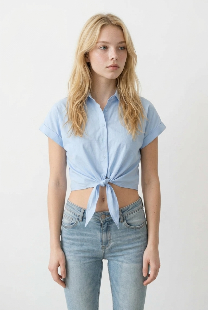 Camicetta crop azzurra, 100% cotone, donna, con nodo sulla vita, maniche corte, primo piano