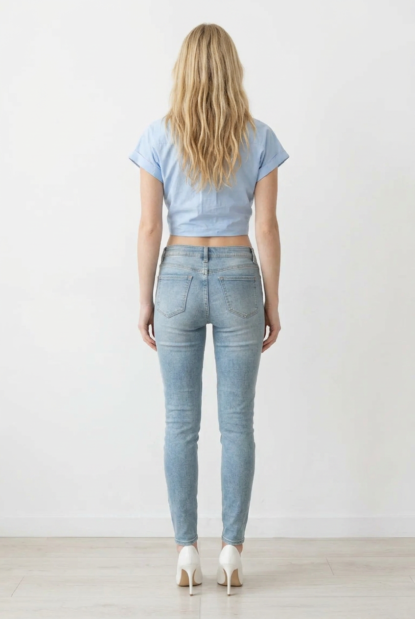 Camicetta crop azzurra, donna, 100% cotone, con nodo sulla vita, maniche corte