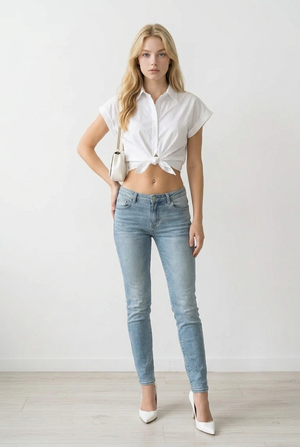 Camicetta crop bianca, 100% cotone, con nodo sulla vita, maniche corte