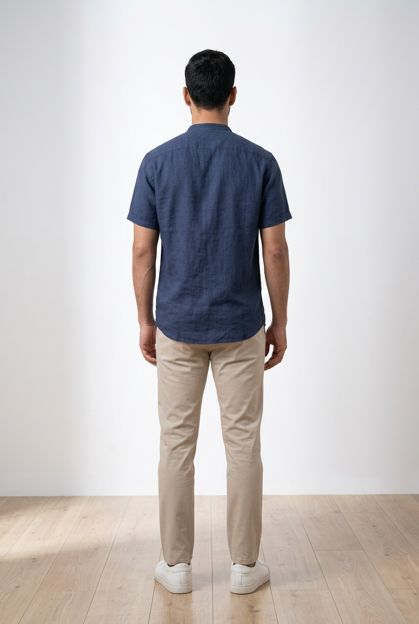 Camicia 100% cotone, blu, uomo, tessuto leggero e leggermente strutturato. Collo alla coreana e maniche corte