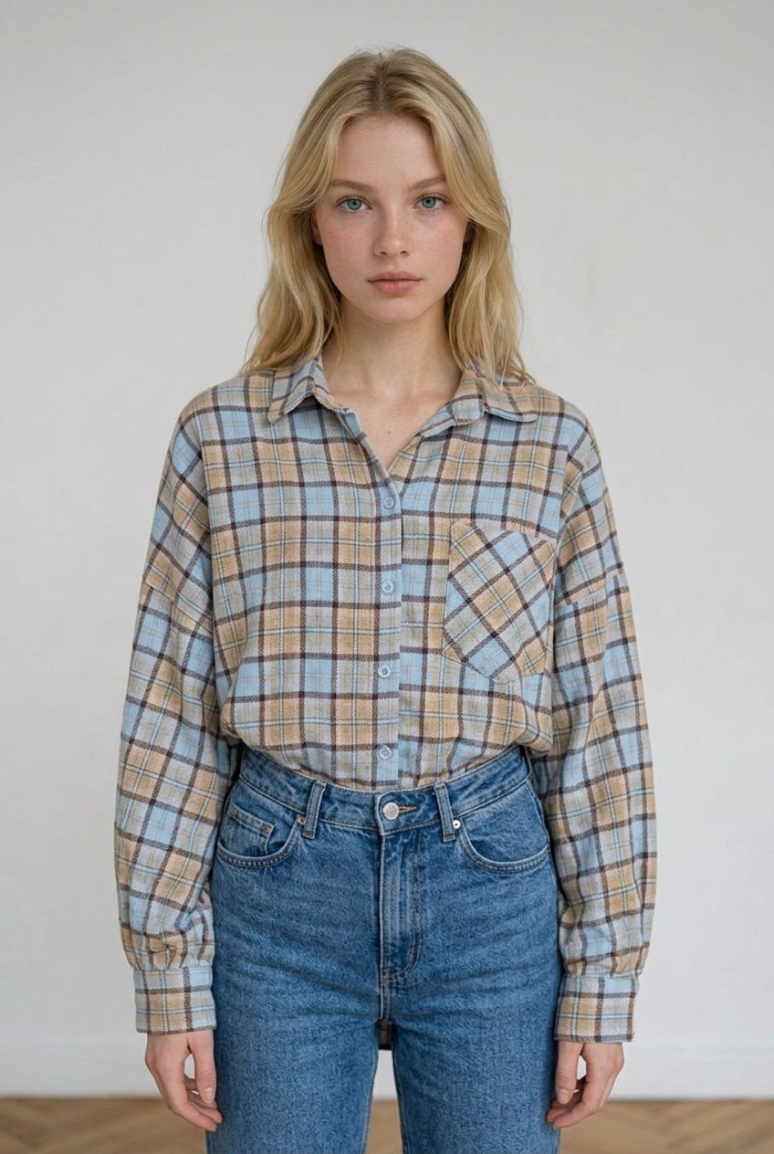 Camicia oversize stile boscaiolo, realizzata in tessuto caldo e morbido; presenta una fantasia a quadri nei toni neutri, chiusura frontale con bottoni e tasche applicate sul petto