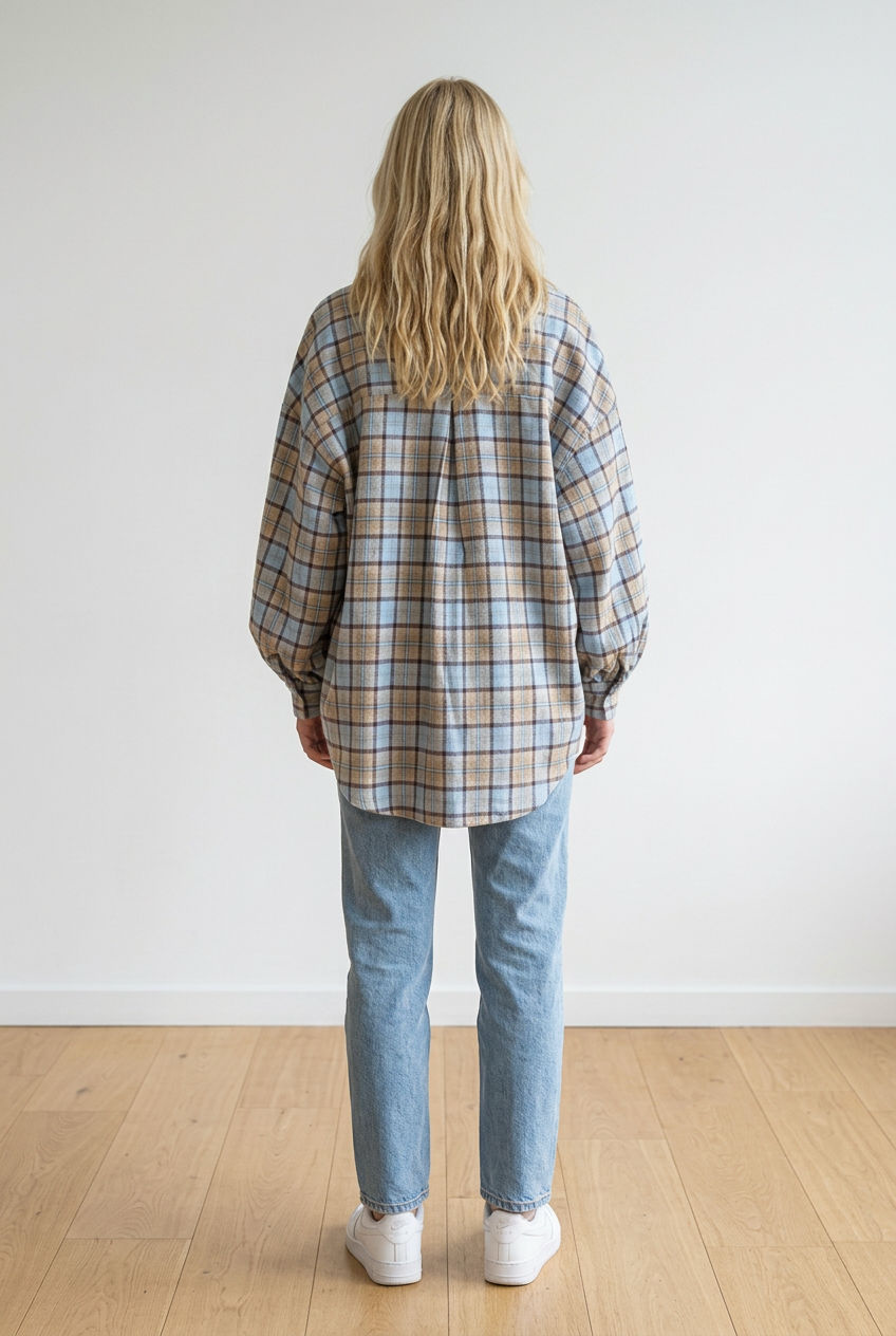 Camicia oversize stile boscaiolo, realizzata in tessuto caldo e morbido; presenta una fantasia a quadri nei toni neutri, chiusura frontale con bottoni e tasche applicate sul petto