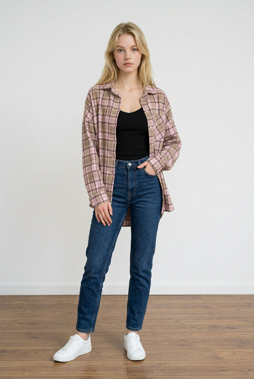 Camicia oversize stile boscaiolo, realizzata in tessuto caldo e morbido; presenta una fantasia a quadri nei toni neutri, chiusura frontale con bottoni e tasche applicate sul petto