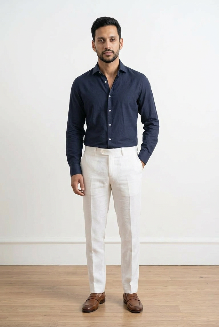 Camicia uomo in misto lino blu, maniche lunghe e classico colletto