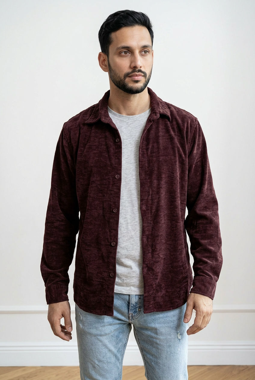 Camicia overshirt in tessuto scamosciato, con chiusura frontale con 6 bottoni, colletto classico e maniche lunghe con polsini rifiniti.