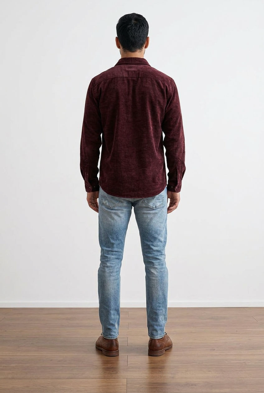 Camicia overshirt in tessuto scamosciato, con chiusura frontale con 6 bottoni, colletto classico e maniche lunghe con polsini rifiniti.