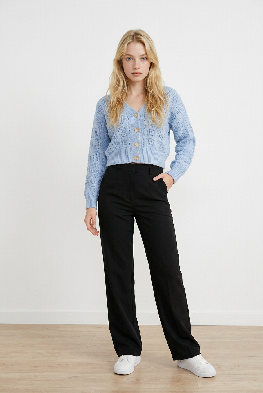 Cardigan CROP donna in maglia lavorata con raffinato motivo traforato a onde. Il design presenta uno scollo a V, chiusura frontale con 5 bottoni tono su tono e maniche lunghe con polsini e coste. 