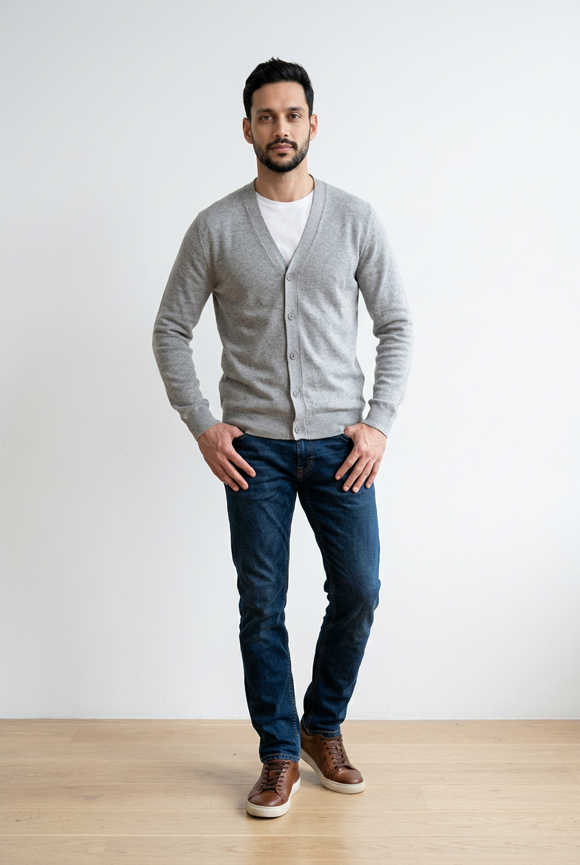 Cardigan uomo leggero in maglia a costine inglesi, con scollo a V