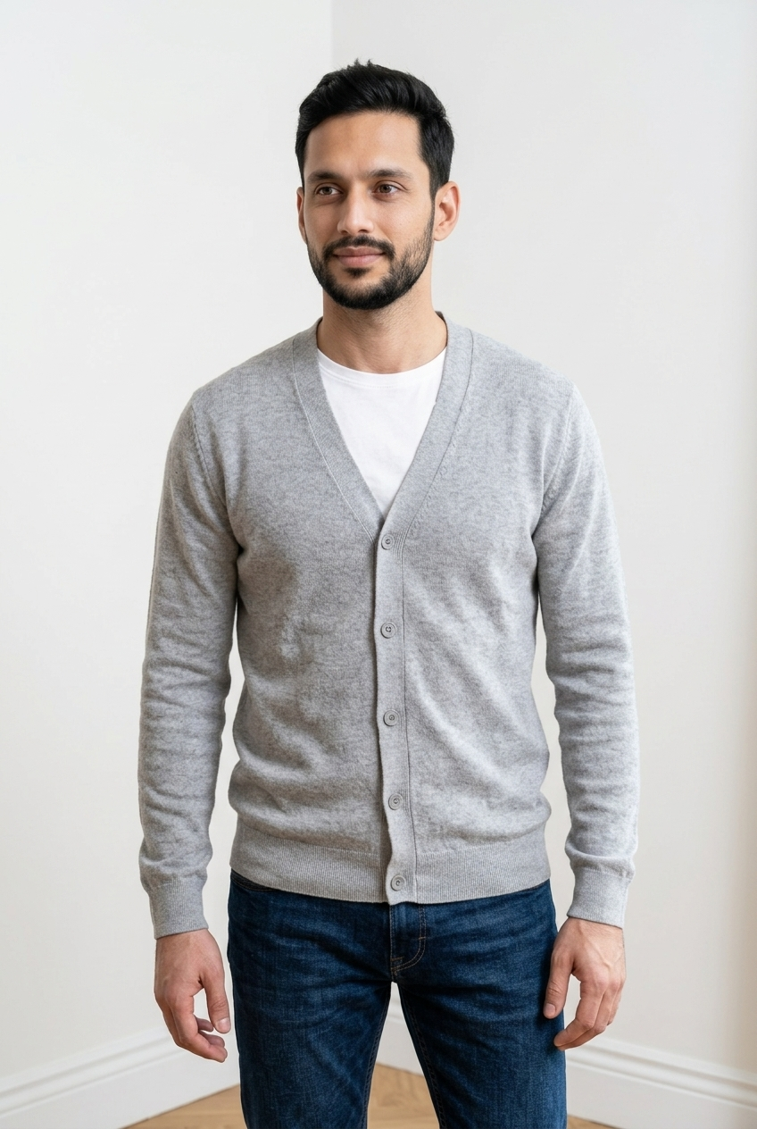 Cardigan uomo leggero in maglia a costine inglesi, con scollo a V, color grigio