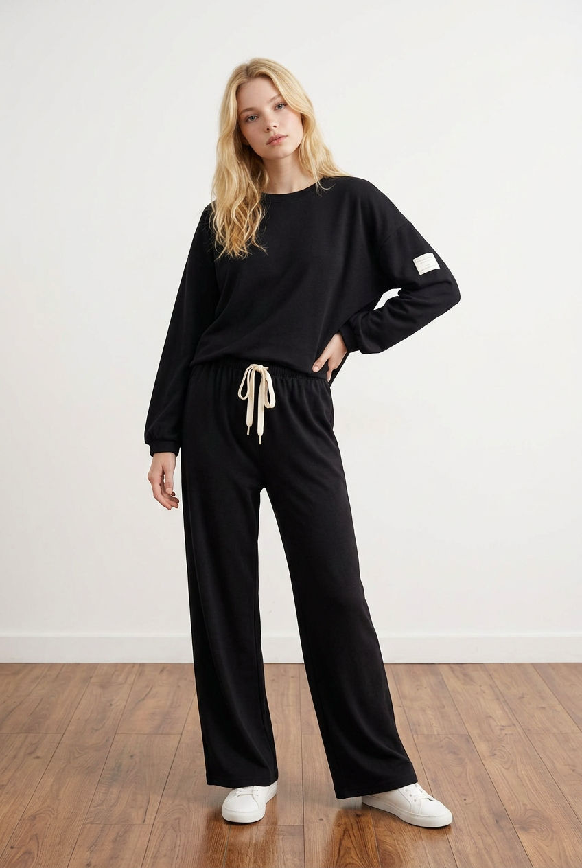 Completo tuta donna nero, composto da felpa girocollo a maniche lunghe con spalla scesa, con dettaglio patch sulla manica, e pantalone a gamba dritta. Il pantalone ha elastico in vita, coulisse regolabile a contrasto e pratiche tasche laterali.