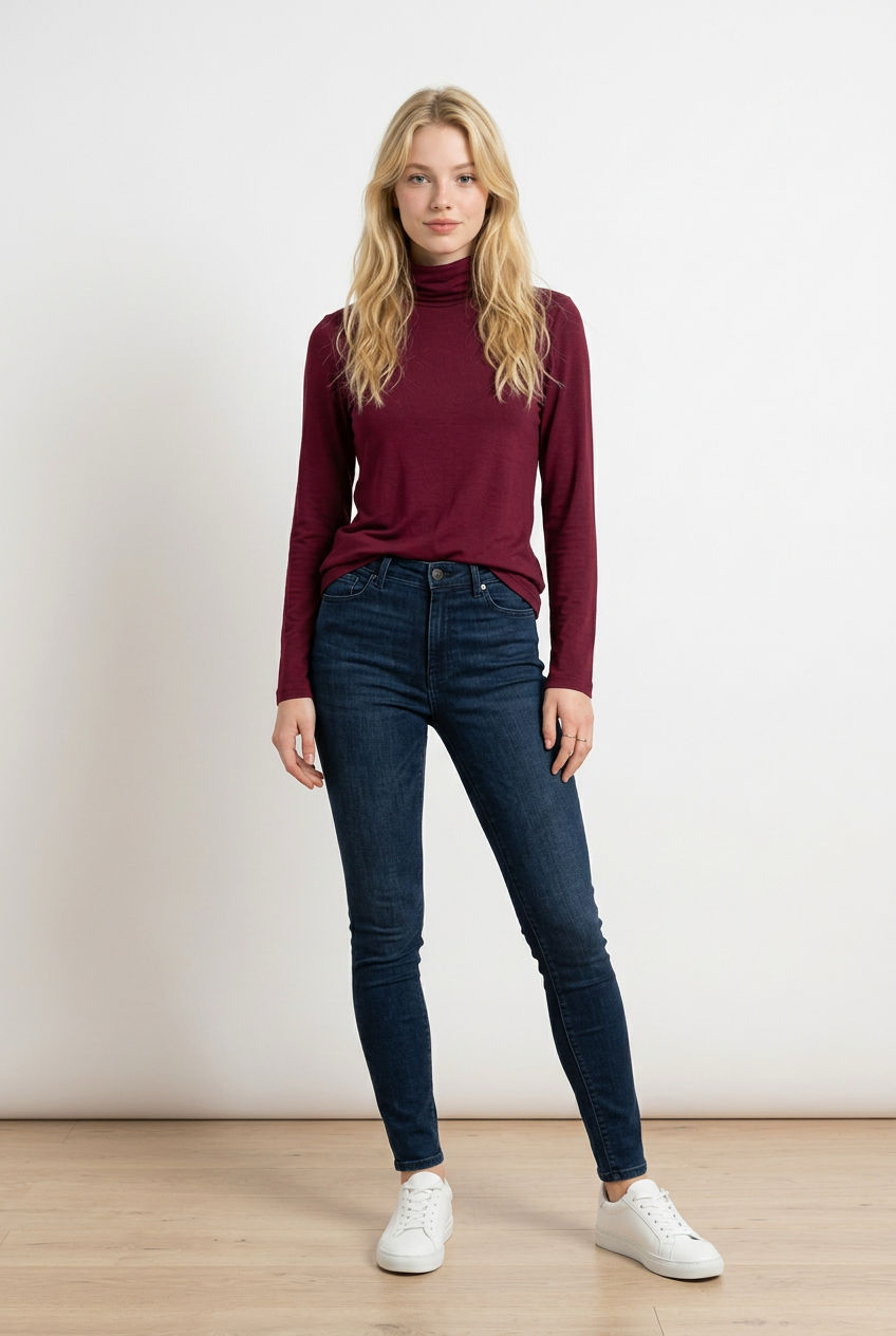 Dolcevita bordeaux a manica lunga realizzato in morbido tessuto elasticizzato, con collo alto